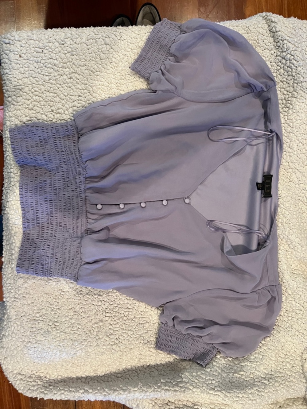 Lavender Puff Sleeve Blouse with Smocked Hem